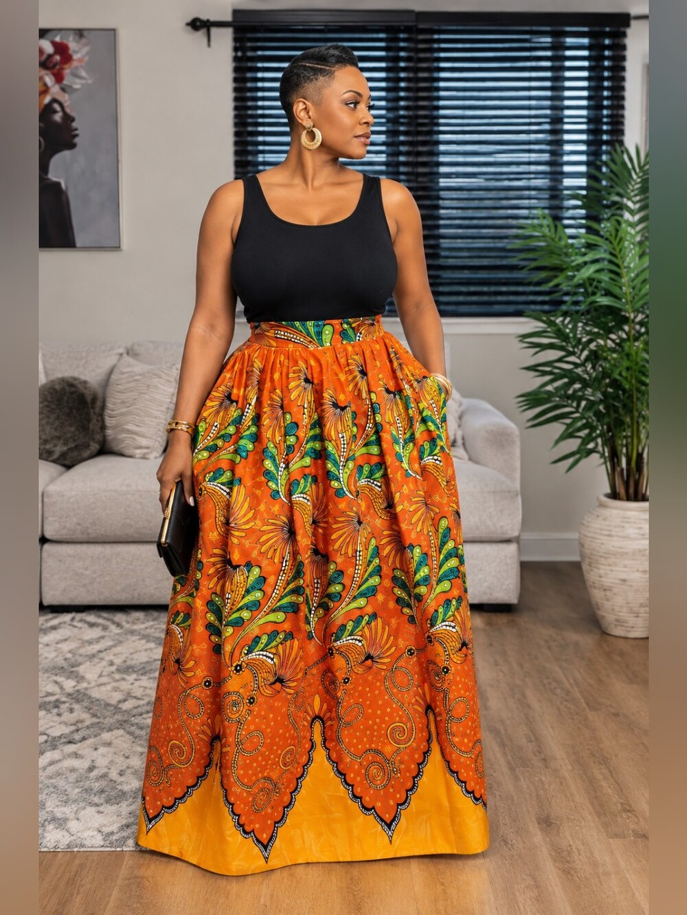 African Print Orange Maxi Skirt with Green Accents